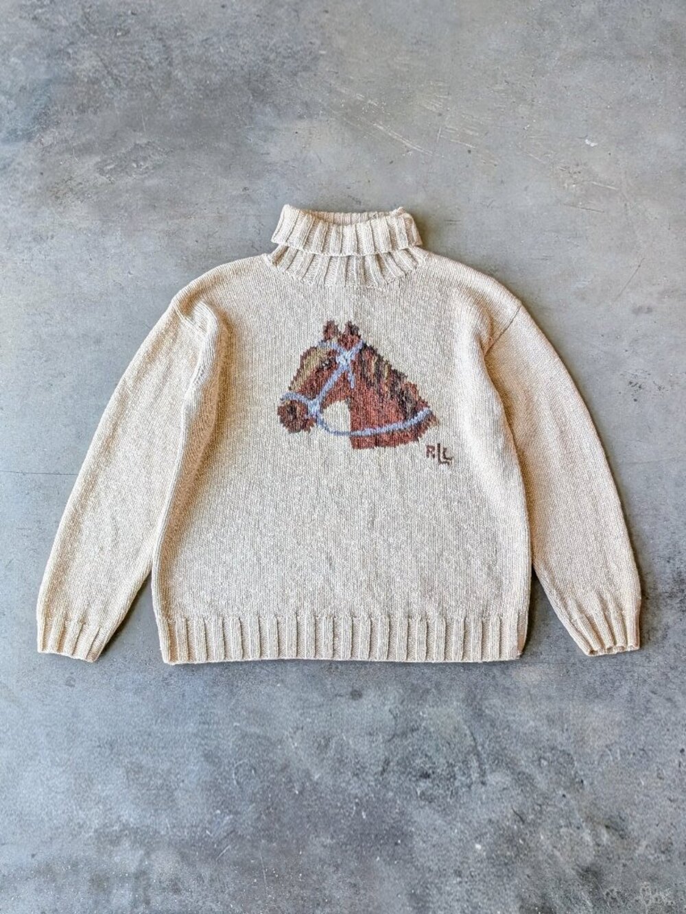 Ralph Lauren Horse Equestrian Intarsia Knit Tan Linen Turtleneck Sweater medium